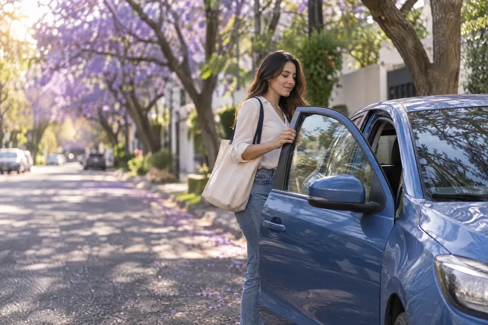 Mujer joven abre la puerta de su auto azul en una calle con jacarandas en flor.