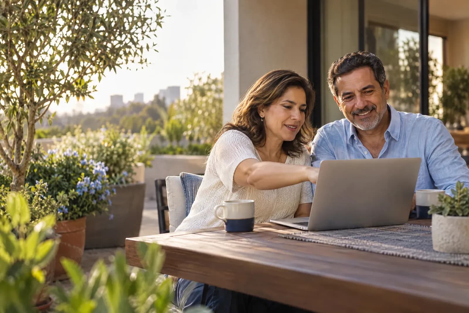 Pareja de unos 55 años revisa sus planes en una laptop en la terraza de su casa.