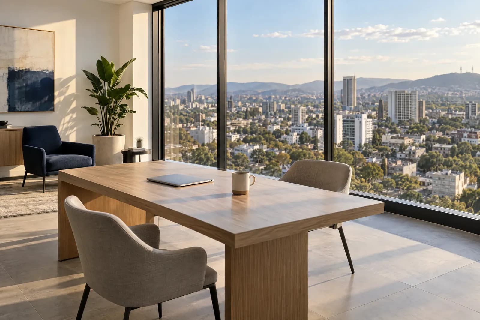 Oficina luminosa con mesa de juntas y ventanal con vista a la ciudad de Guadalajara.